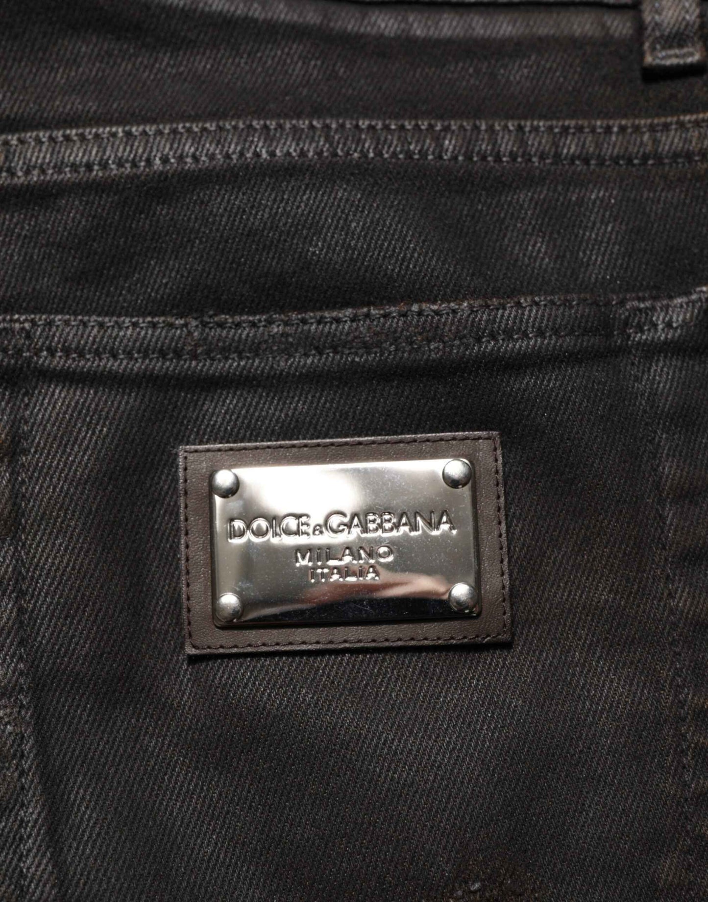 Dolce & Gabbana Dark Brown Tattered Cotton Skinny Denim Jeans by Dolce & Gabbana