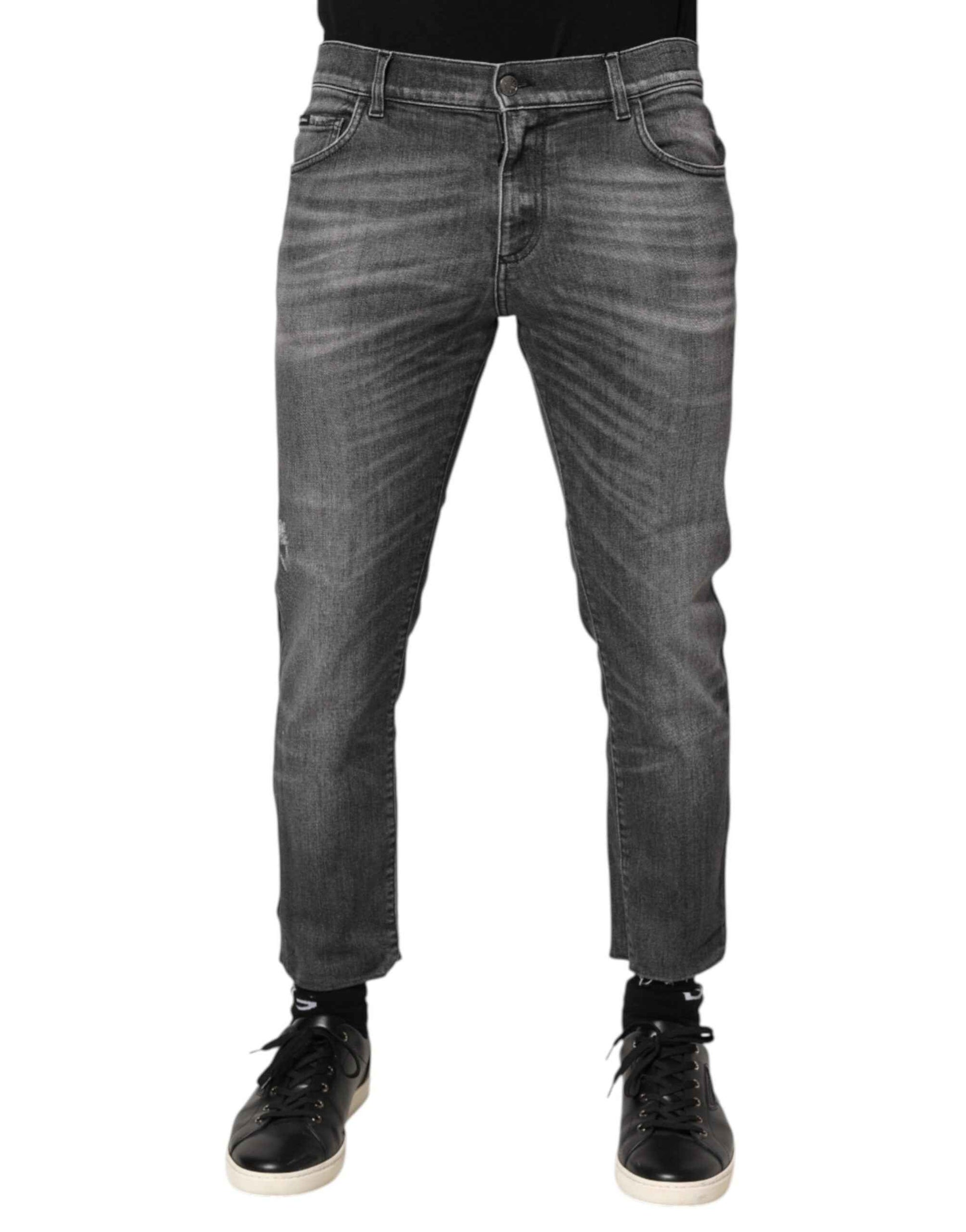 Dolce & Gabbana Grey Cotton Denim Slim Fit Distressed Pants Jeans by Dolce & Gabbana