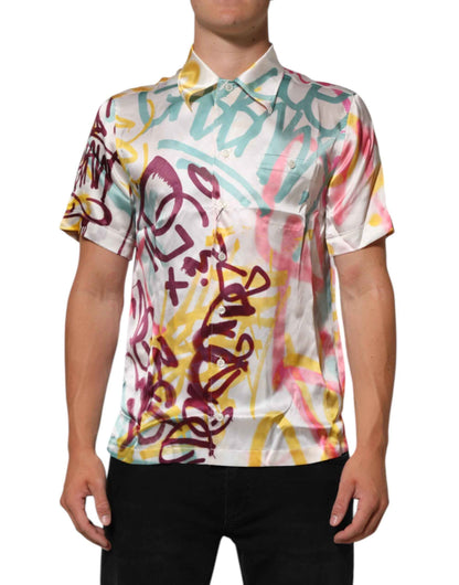 Dolce & Gabbana White Silk Hawaiian Graffiti Print Men Casual Shirt by Dolce & Gabbana