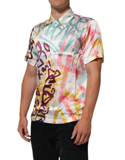 Dolce & Gabbana White Silk Hawaiian Graffiti Print Men Casual Shirt by Dolce & Gabbana