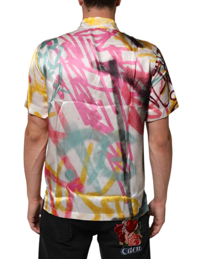 Dolce & Gabbana White Silk Hawaiian Graffiti Print Men Casual Shirt by Dolce & Gabbana