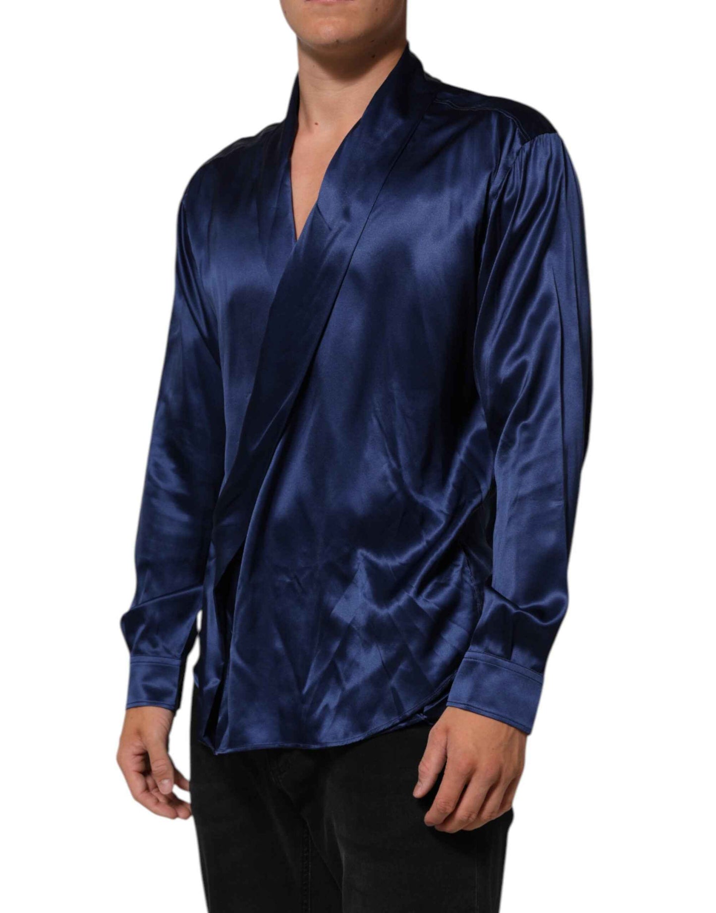 Dolce & Gabbana Blue Oversize Silk Satin Long Sleeves Shirt by Dolce & Gabbana
