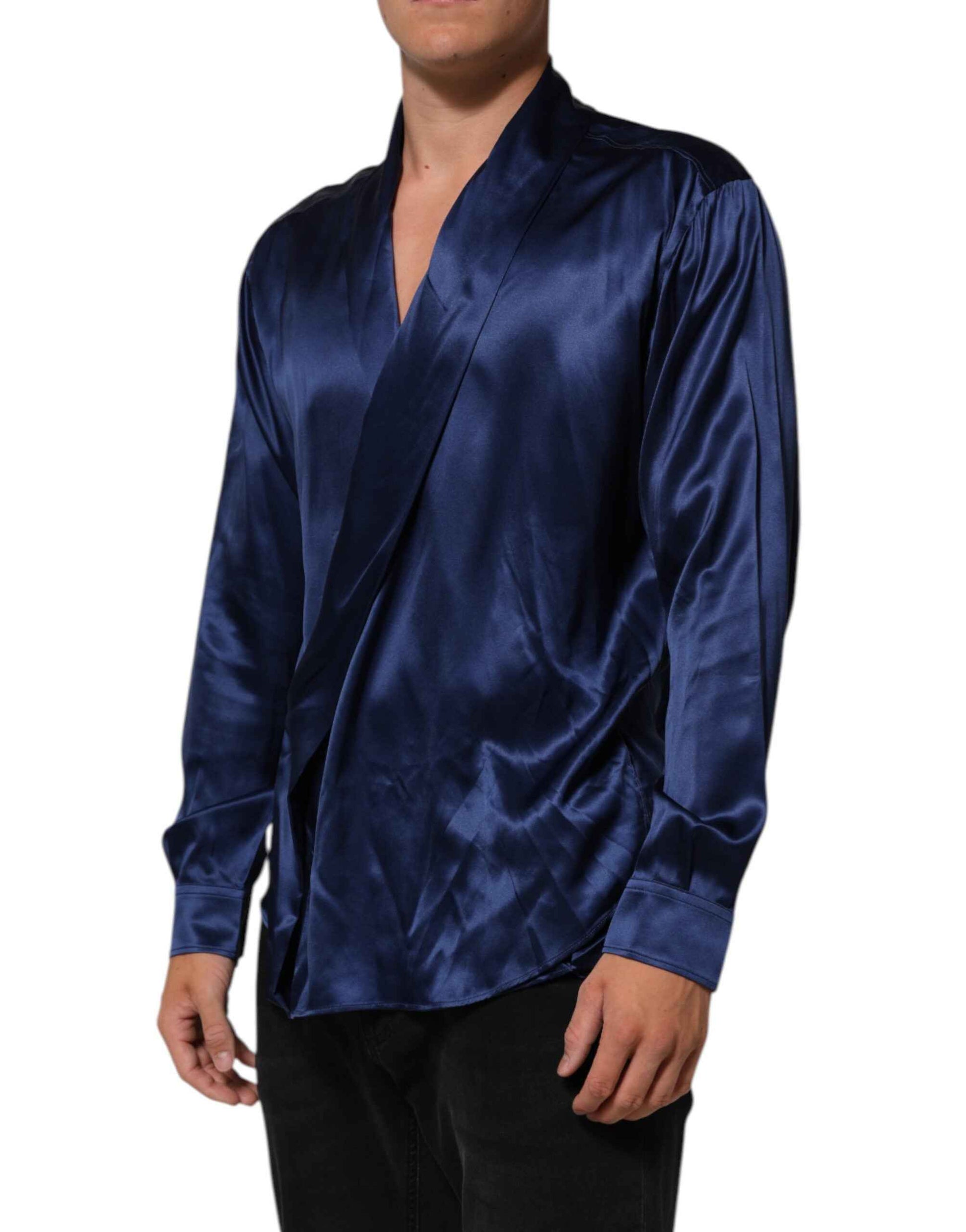 Dolce & Gabbana Blue Oversize Silk Satin Long Sleeves Shirt by Dolce & Gabbana