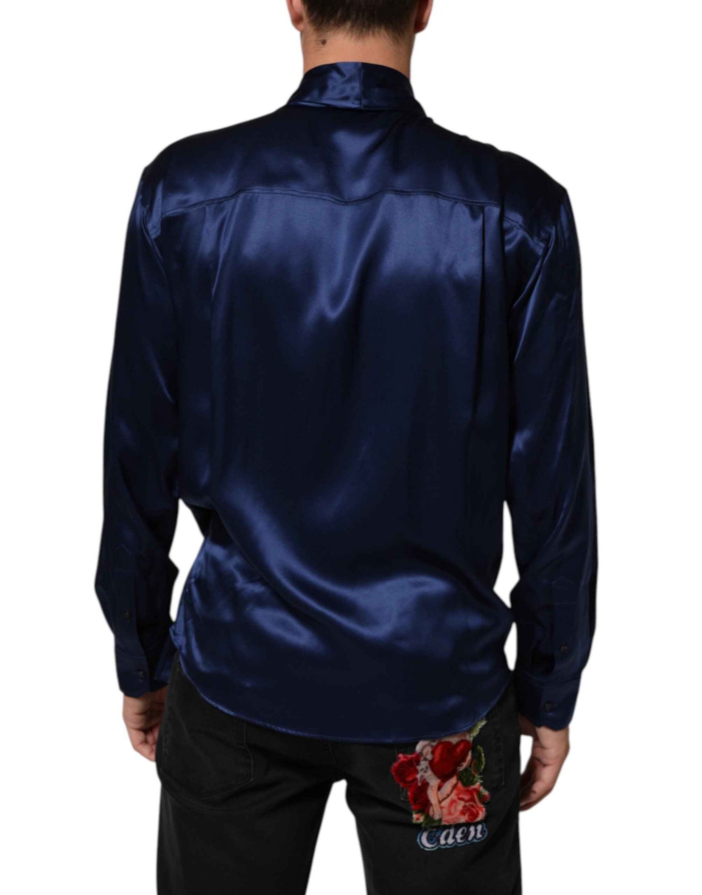 Dolce & Gabbana Blue Oversize Silk Satin Long Sleeves Shirt by Dolce & Gabbana