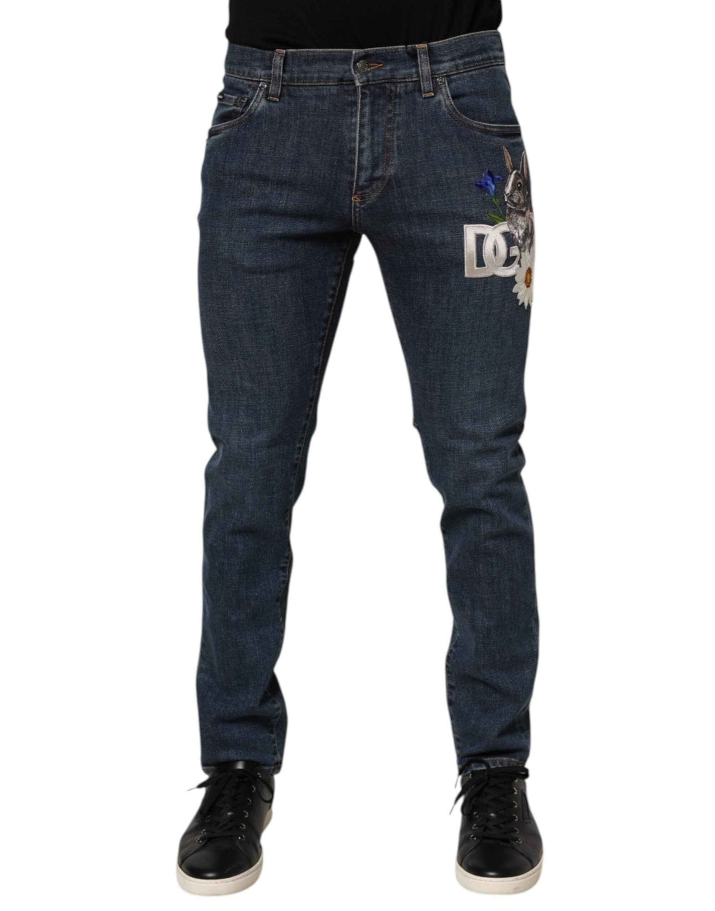 Dolce & Gabbana Blue Rabbit Embroidery Slim Men Denim Jeans by Dolce & Gabbana