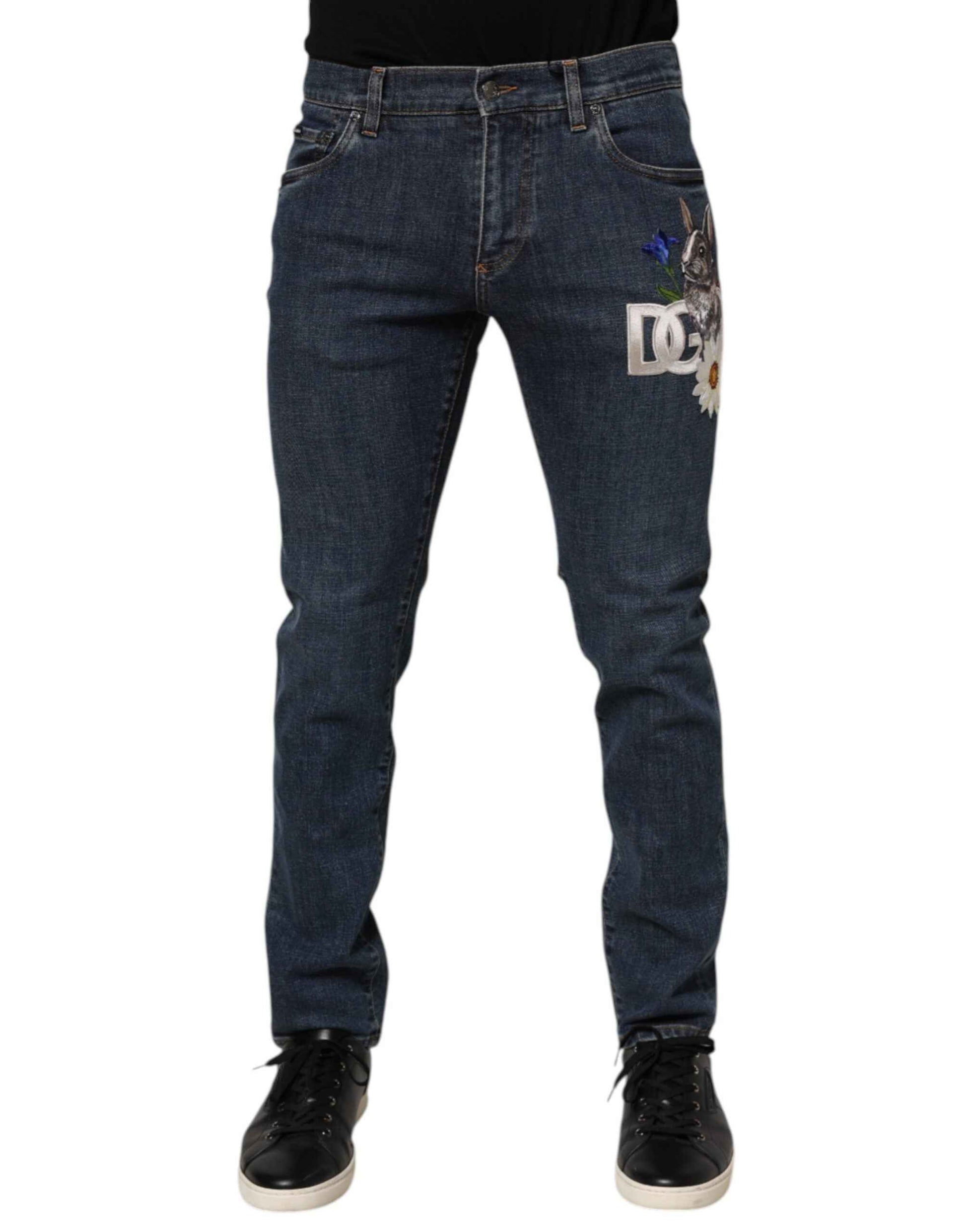 Dolce & Gabbana Blue Rabbit Embroidery Slim Men Denim Jeans by Dolce & Gabbana
