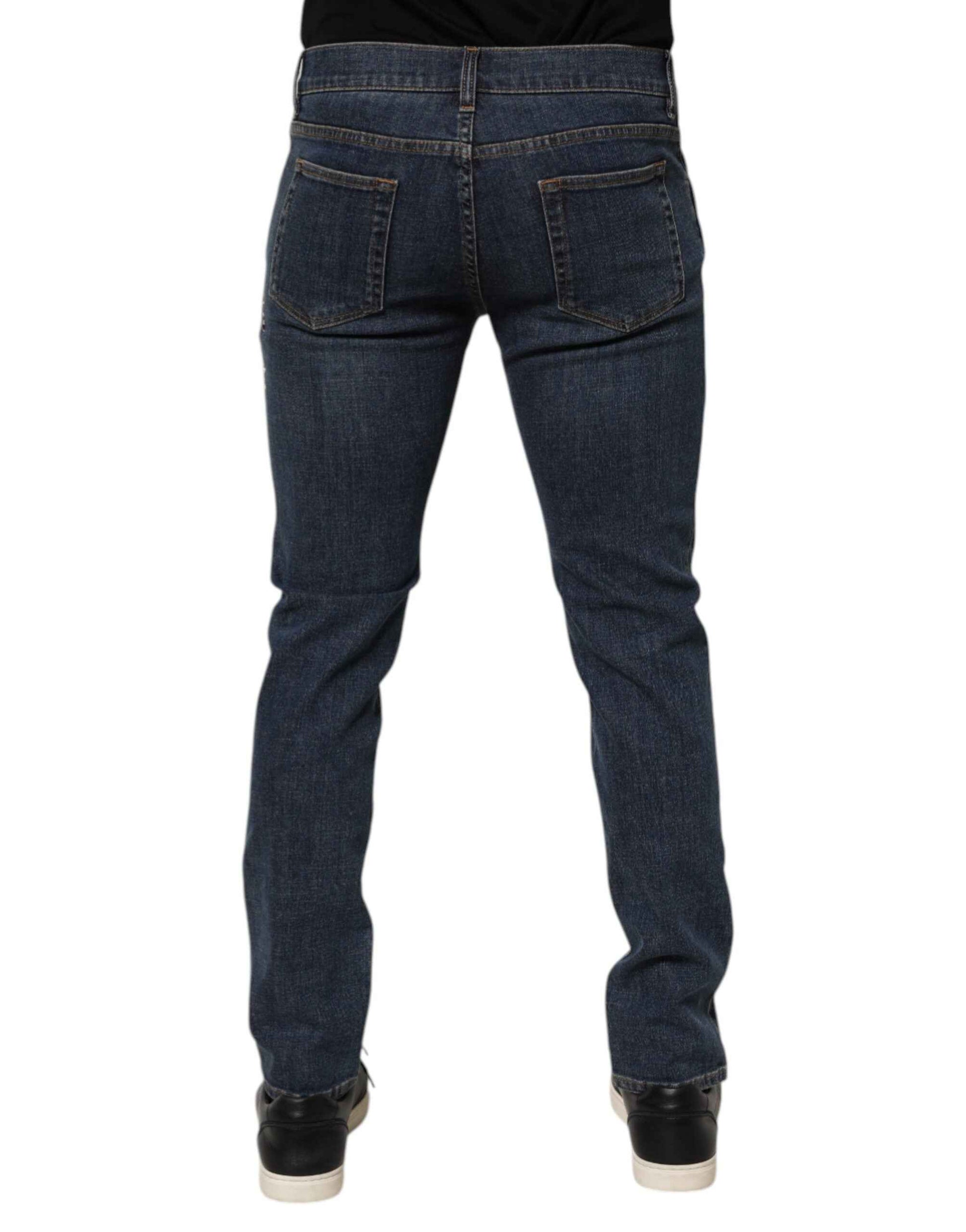 Dolce & Gabbana Blue Rabbit Embroidery Slim Men Denim Jeans by Dolce & Gabbana