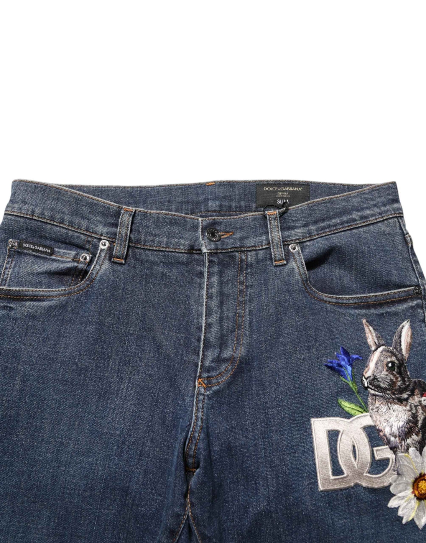 Dolce & Gabbana Blue Rabbit Embroidery Slim Men Denim Jeans by Dolce & Gabbana