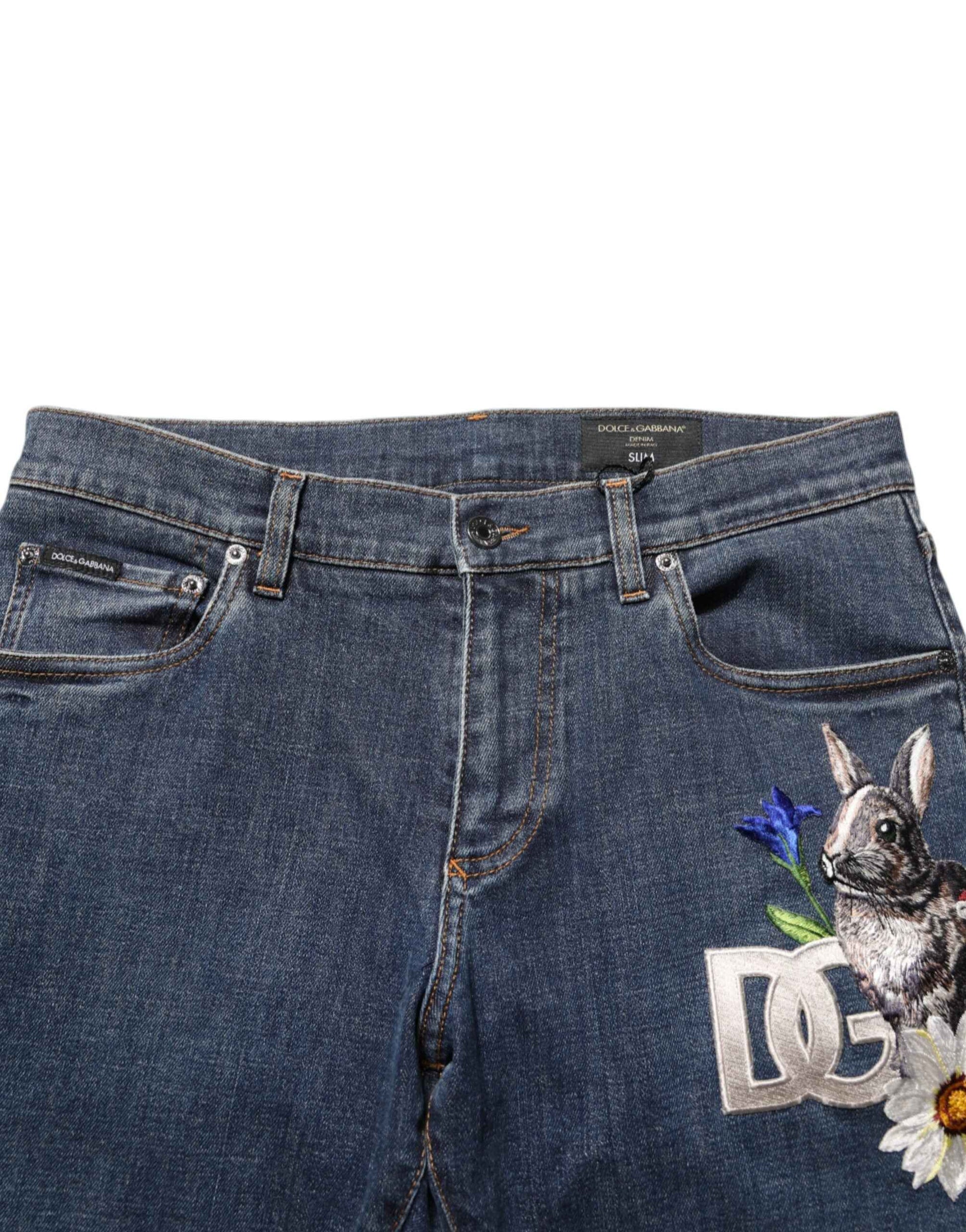 Dolce & Gabbana Blue Rabbit Embroidery Slim Men Denim Jeans by Dolce & Gabbana