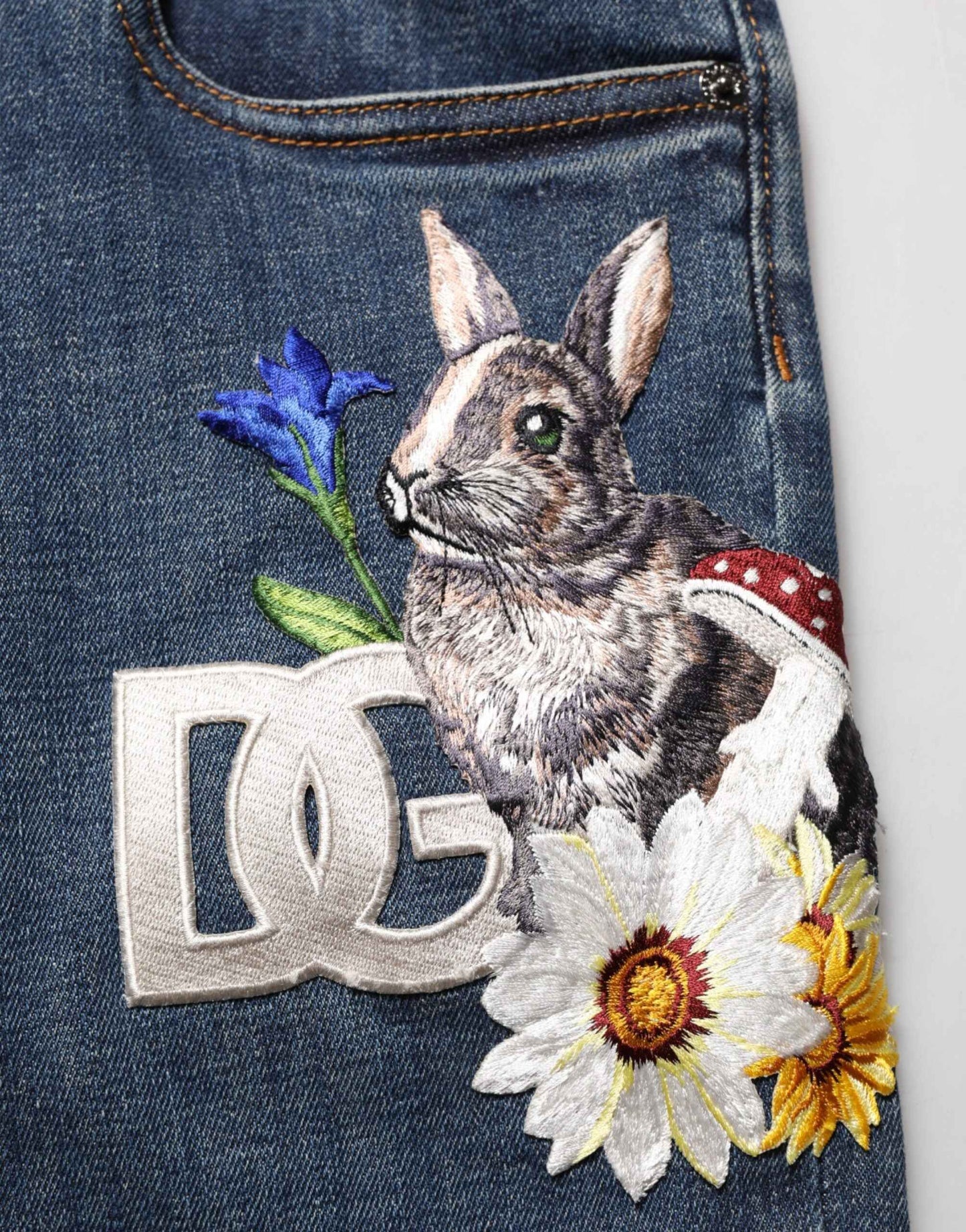 Dolce & Gabbana Blue Rabbit Embroidery Slim Men Denim Jeans by Dolce & Gabbana