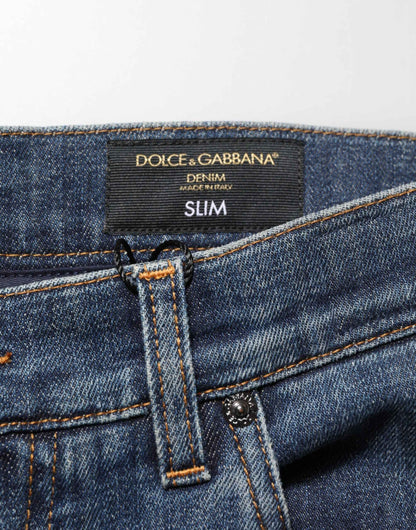 Dolce & Gabbana Blue Rabbit Embroidery Slim Men Denim Jeans by Dolce & Gabbana