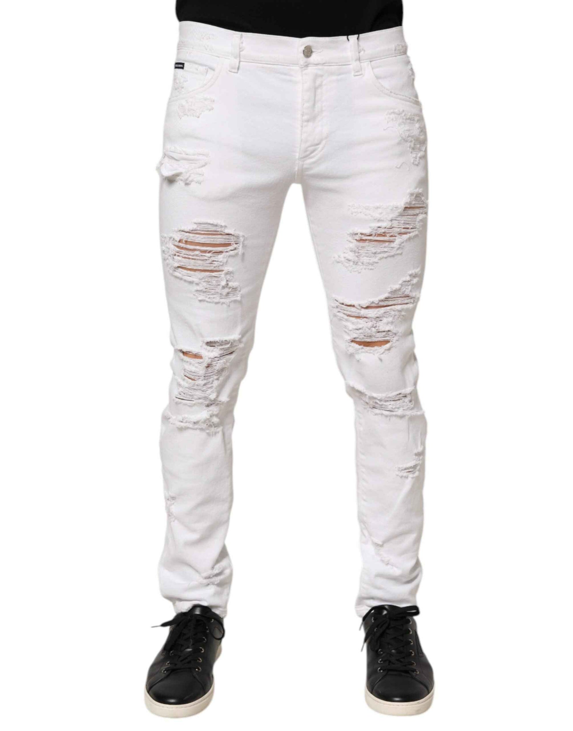 Dolce & Gabbana White Distressed Ripped Denim Trouser Jeans by Dolce & Gabbana