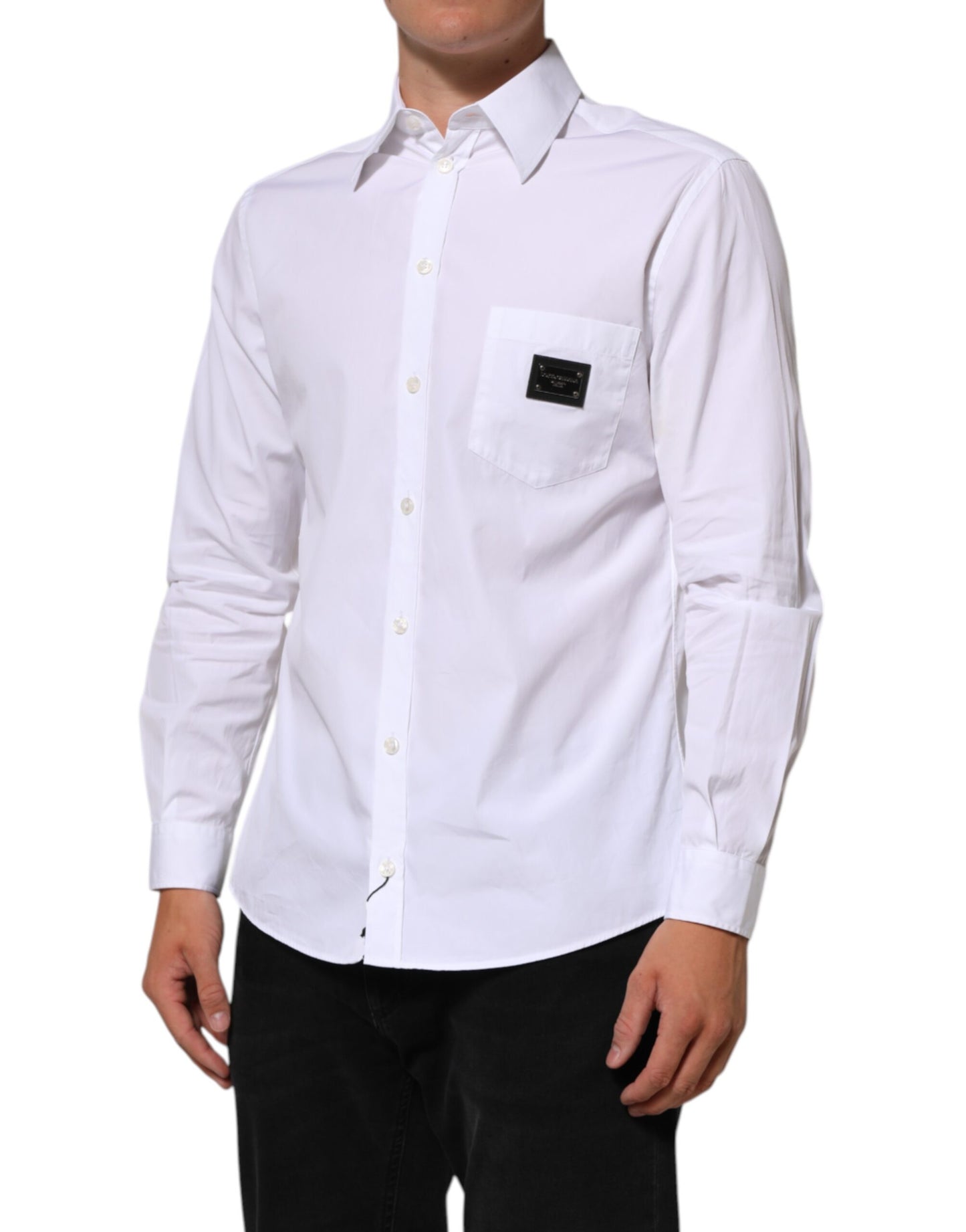 Dolce & Gabbana White Logo Plaque Collared Formal Dress Shirt by Dolce & Gabbana