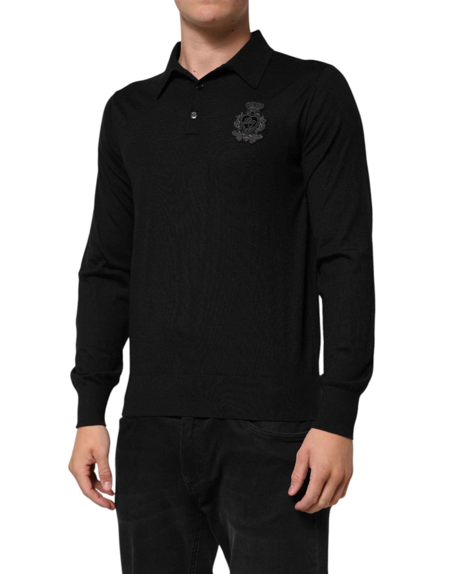 Dolce & Gabbana Black Logo Patch Collared Pullover Sweater