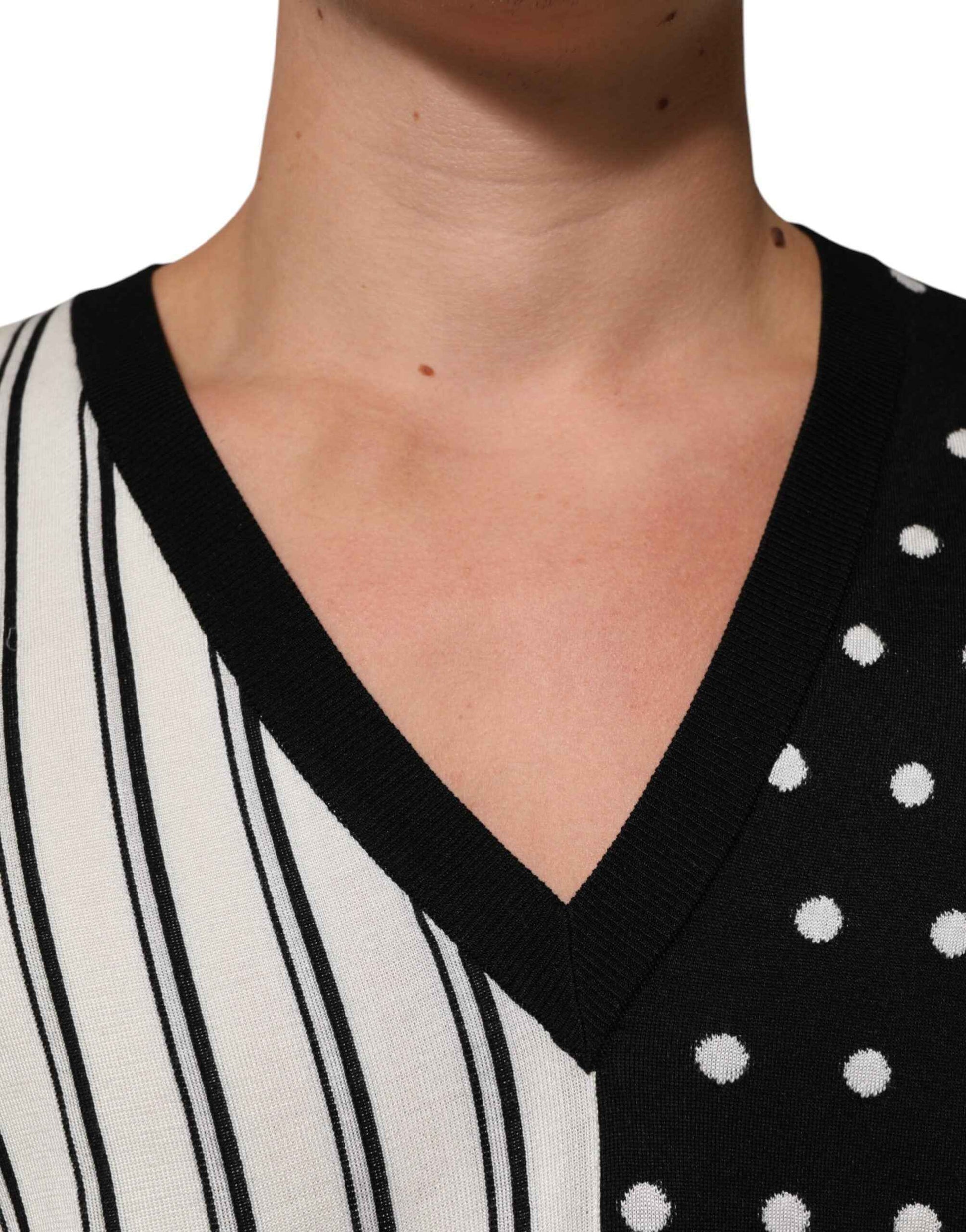 Dolce & Gabbana Black White Stripe Polka V-Neck Pullover Sweater