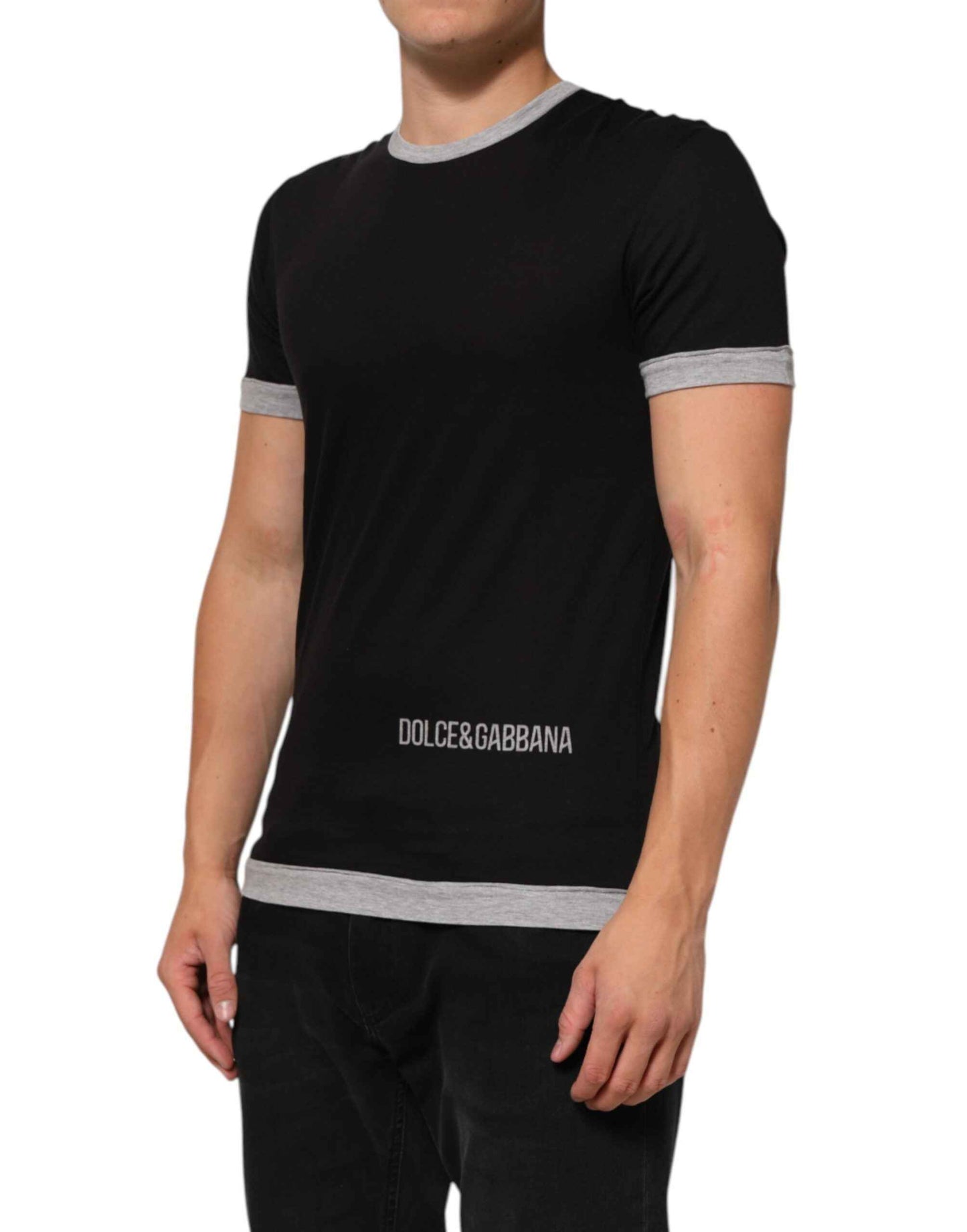Dolce & Gabbana Black Cotton Logo Print Men Crew Neck T-shirt