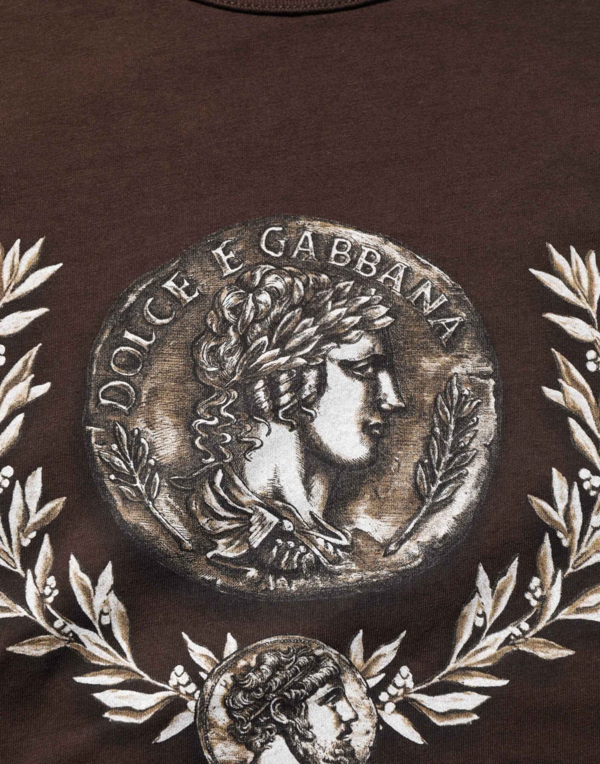 Dolce & Gabbana Brown Coin Laurel Print Men Crew Neck T-shirt