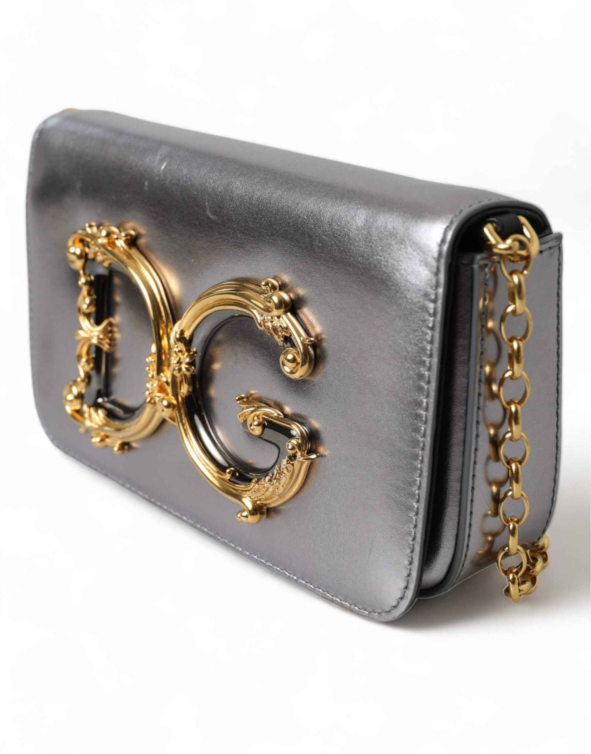Dolce & Gabbana Metallic Silver Nappa Mini DG Girls Shoulder Borse Bag