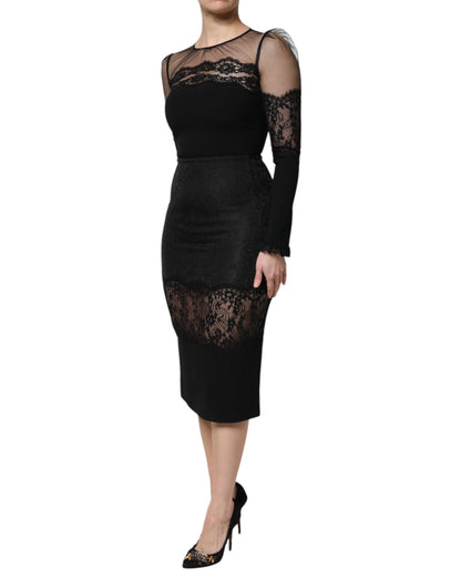 Dolce & Gabbana Jurk Nylon Tule Met Kant Midi Zwart Luxe