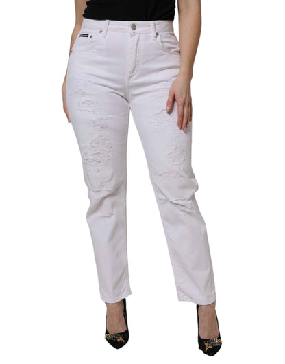 Dolce & Gabbana White Cotton Tattered BOYFRIEND Denim Jeans