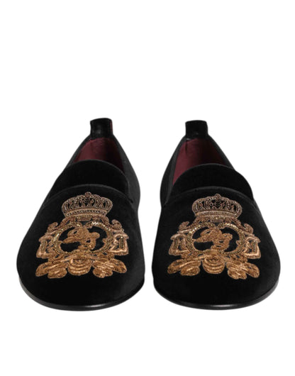Dolce Gabbana Fluwelen Loafers Zwart Gouden Kroon
