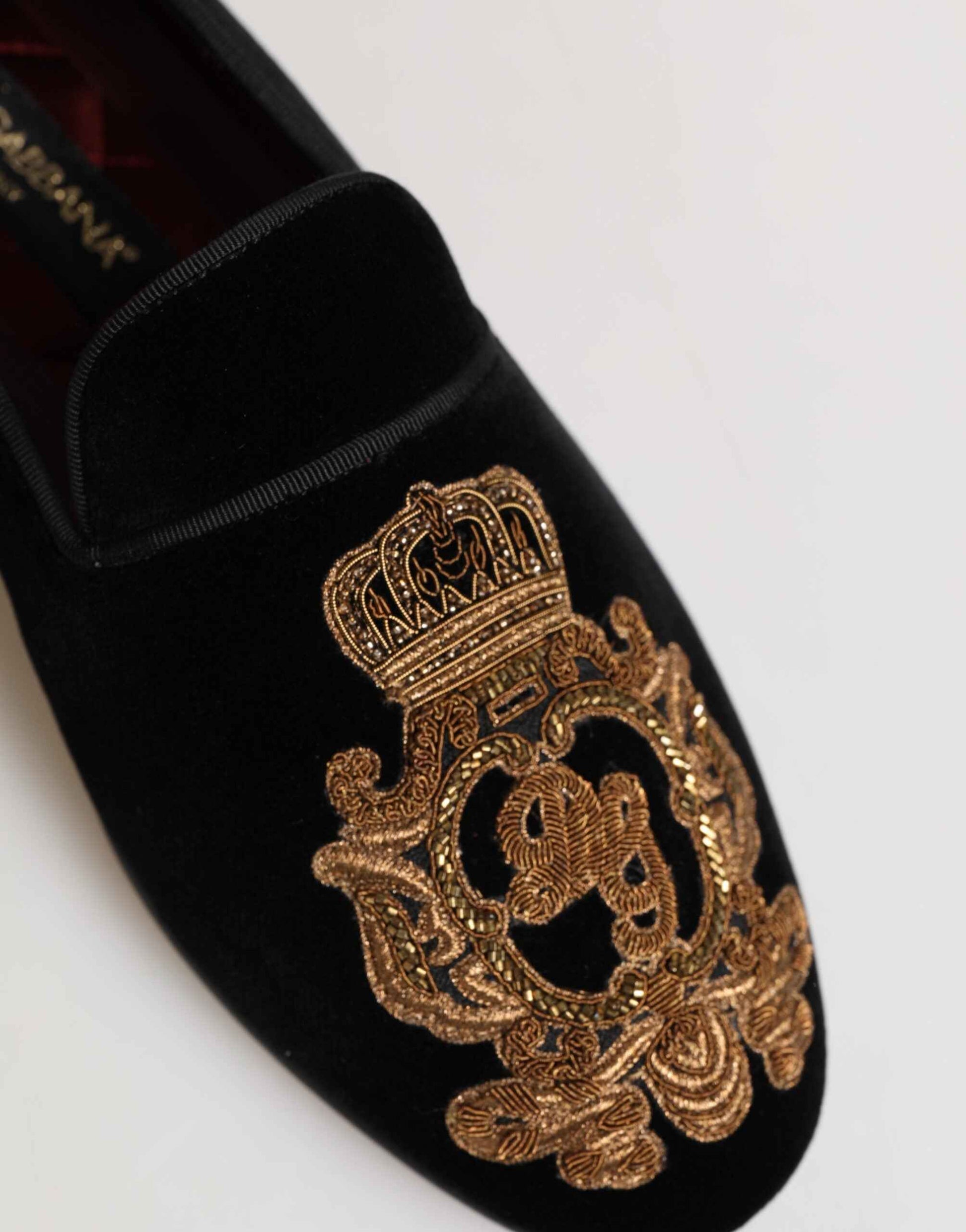 Dolce Gabbana Fluwelen Loafers Zwart Gouden Kroon