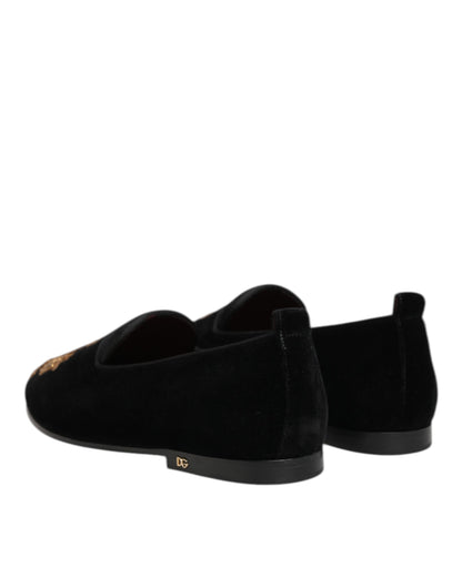Dolce Gabbana Fluwelen Loafers Zwart Gouden Kroon