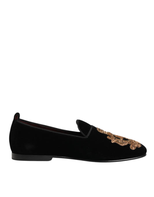 Dolce Gabbana Fluwelen Loafers Zwart Gouden Kroon