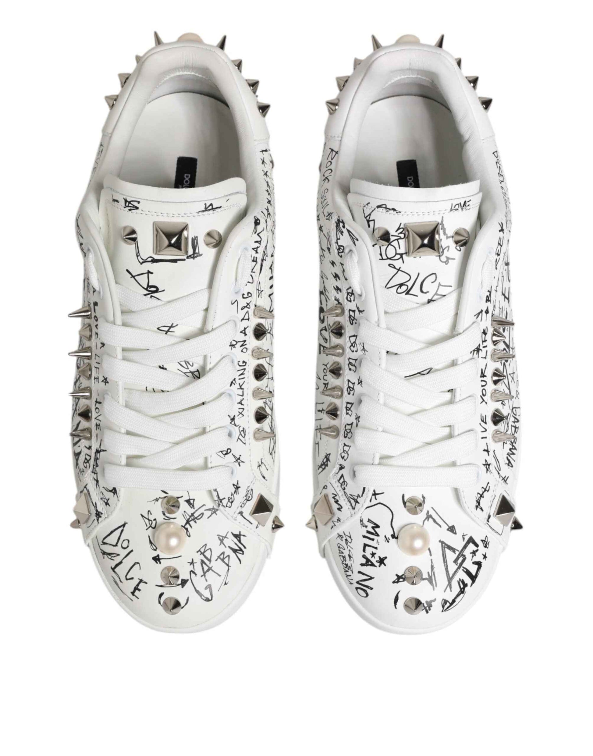 Dolce Gabbana Portofino Studded LowTop Leer Sneaker Wit