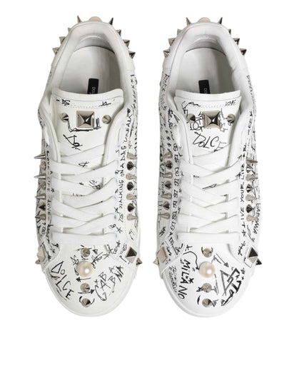 Dolce Gabbana Portofino Studded LowTop Leer Sneaker Wit