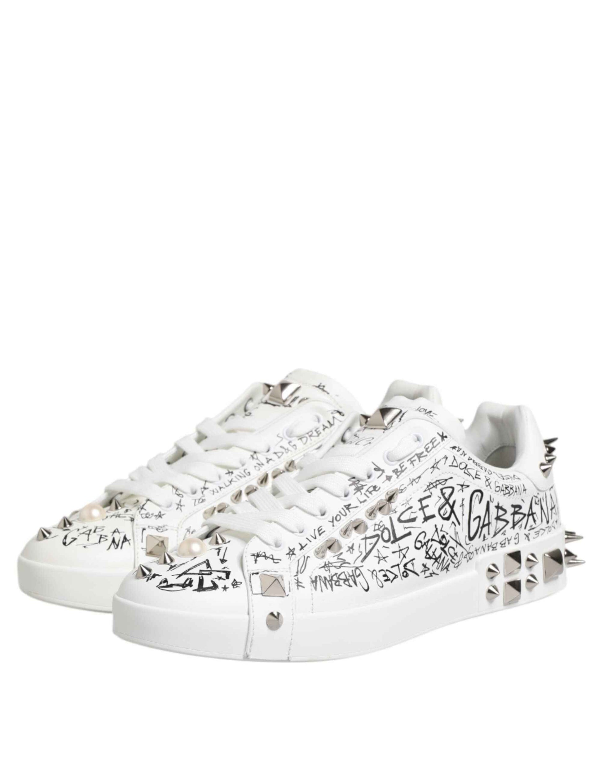 Dolce Gabbana Portofino Studded LowTop Leer Sneaker Wit