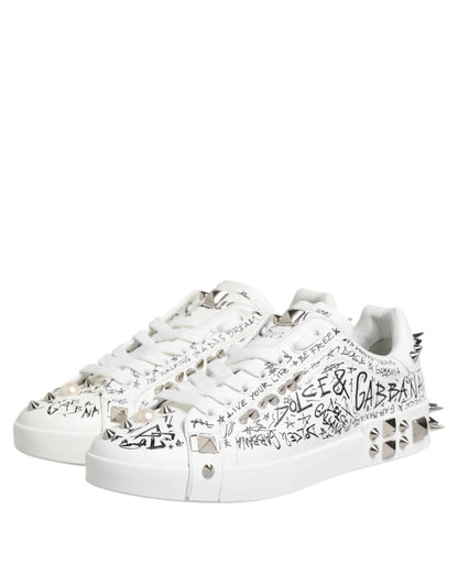 Dolce Gabbana Portofino Studded LowTop Leer Sneaker Wit