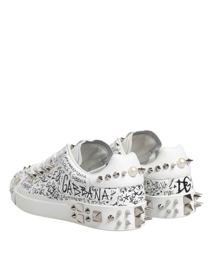 Dolce Gabbana Portofino Studded LowTop Leer Sneaker Wit