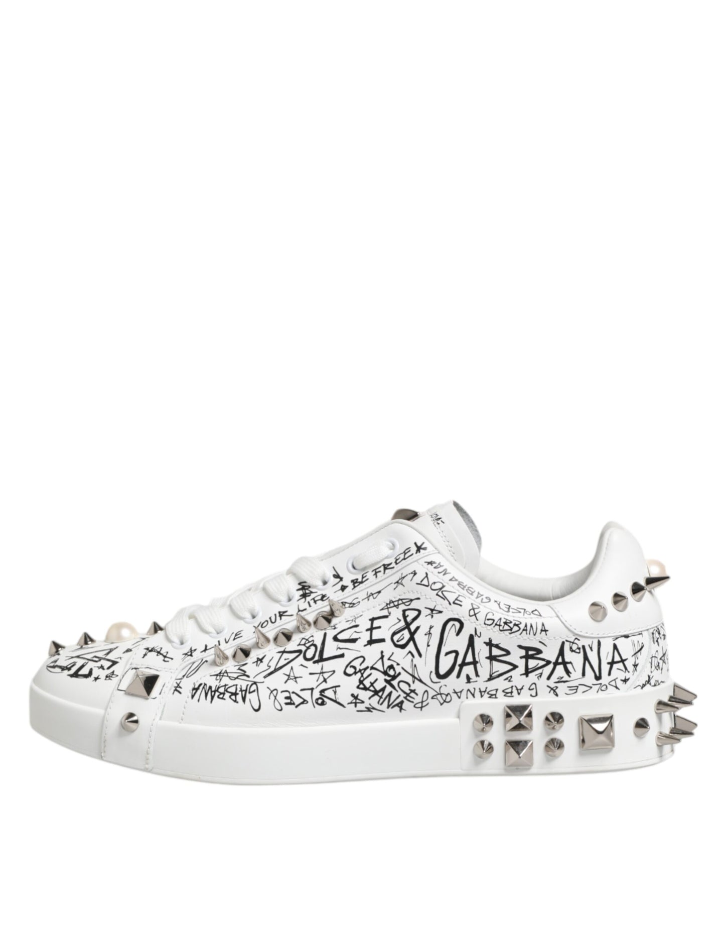 Dolce Gabbana Portofino Studded LowTop Leer Sneaker Wit