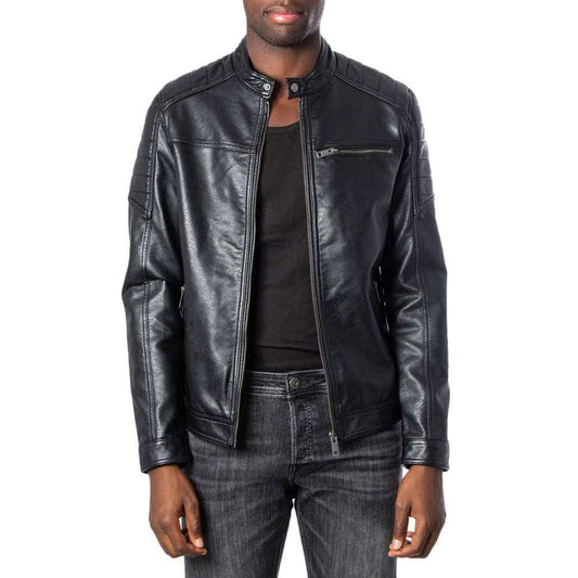 Jack Jones Black Artificial Leather Jackets & Coat