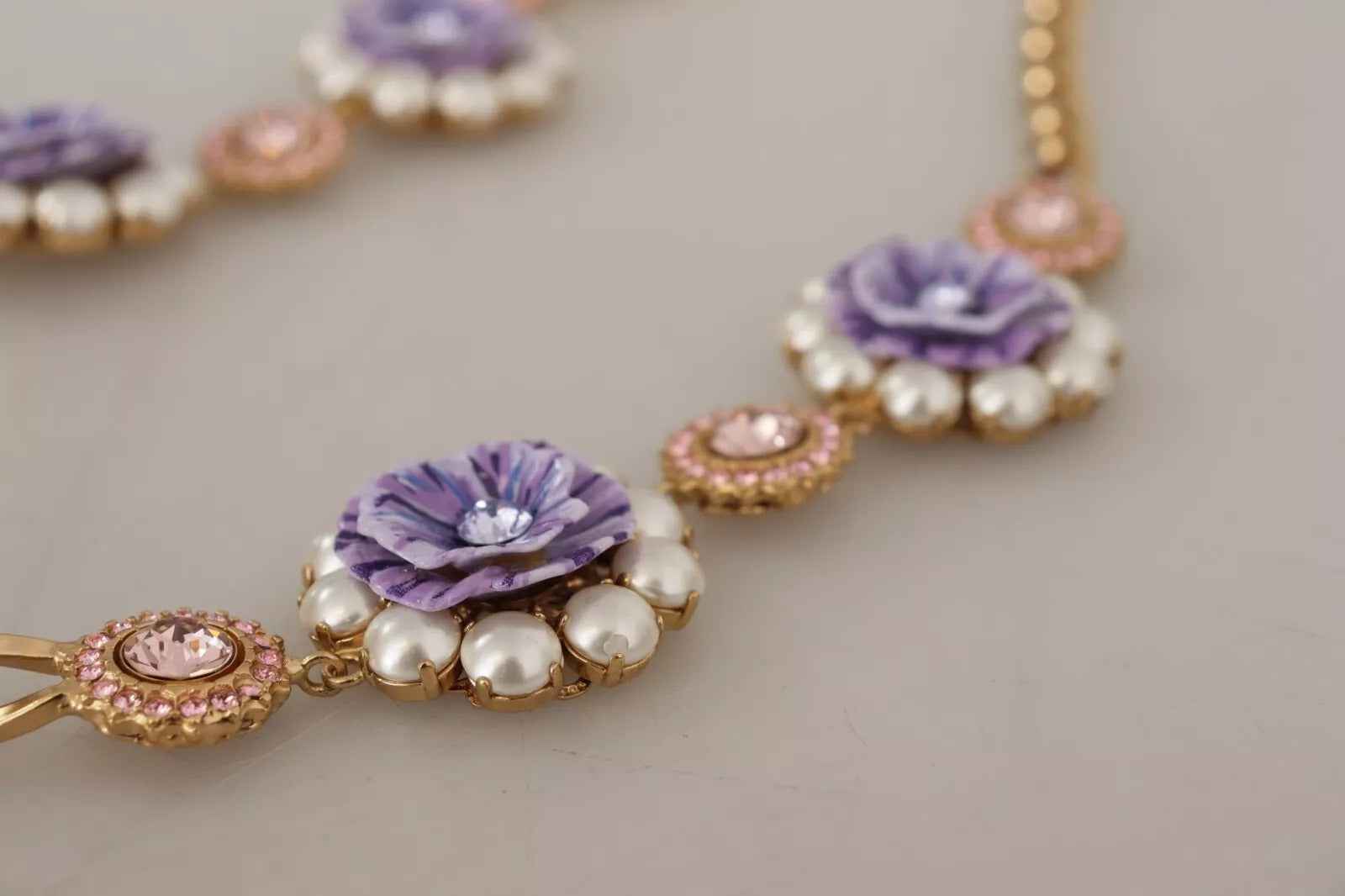 Dolce & Gabbana Gold Tone Floral Crystals Purple Embellished