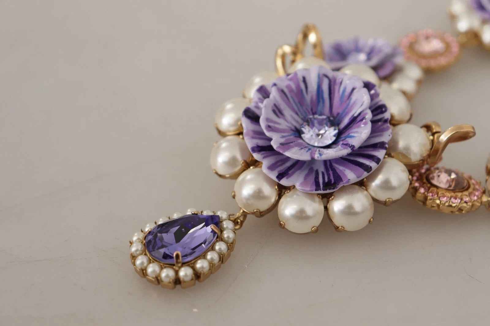 Dolce & Gabbana Gold Tone Floral Crystals Purple Embellished