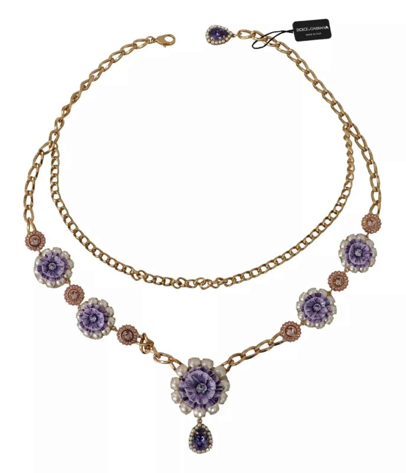 Dolce & Gabbana Gold Tone Floral Crystals Purple Embellished