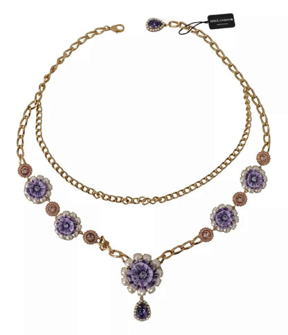 Dolce & Gabbana Gold Tone Floral Crystals Purple Embellished