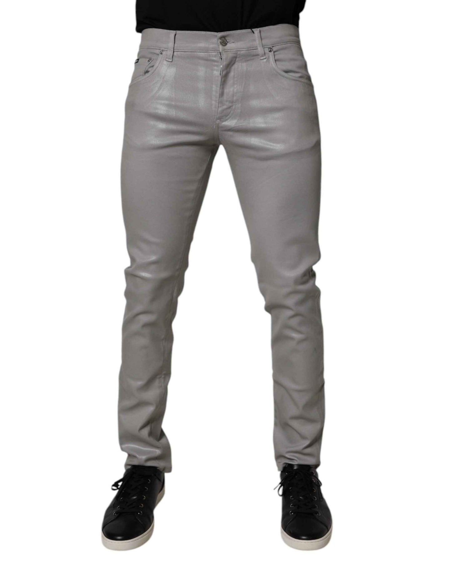 Dolce & Gabbana Gray Slim Fit Denim Cotton Metal Logo Jeans