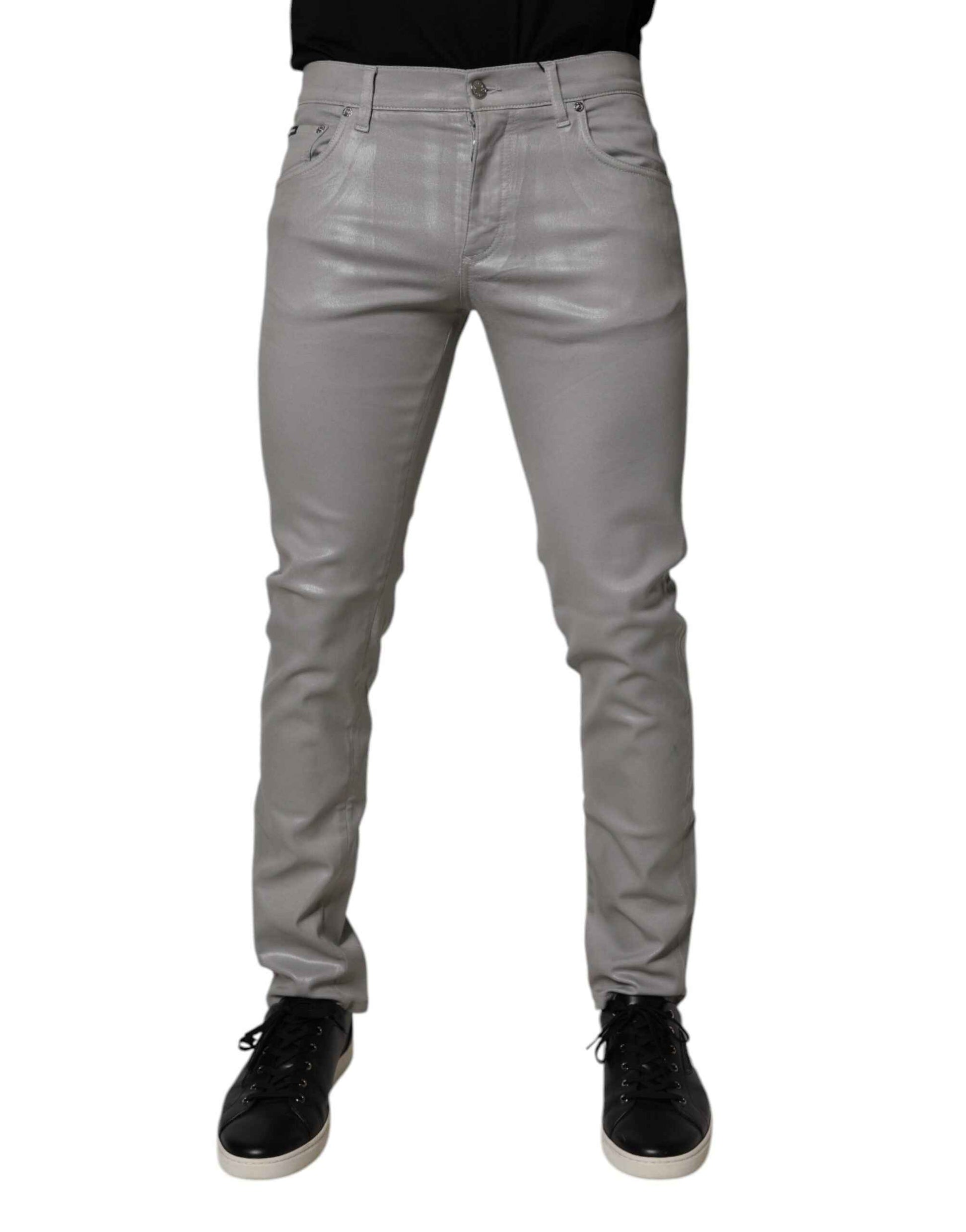 Dolce & Gabbana Gray Slim Fit Denim Cotton Metal Logo Jeans