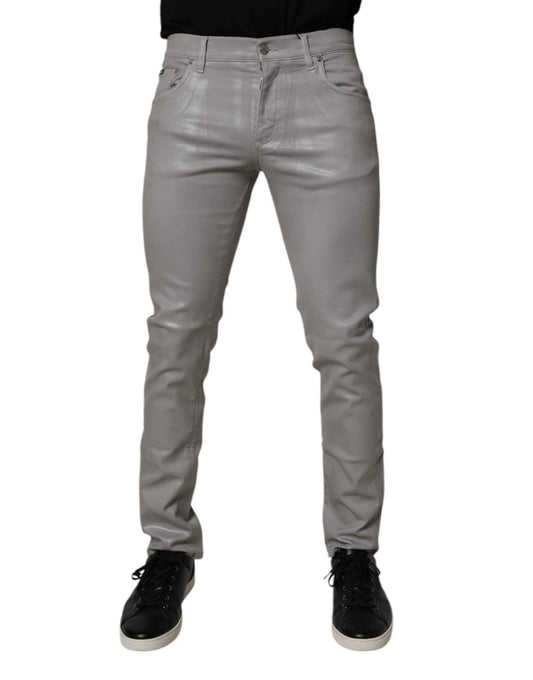 Dolce & Gabbana Gray Slim Fit Denim Cotton Metal Logo Jeans