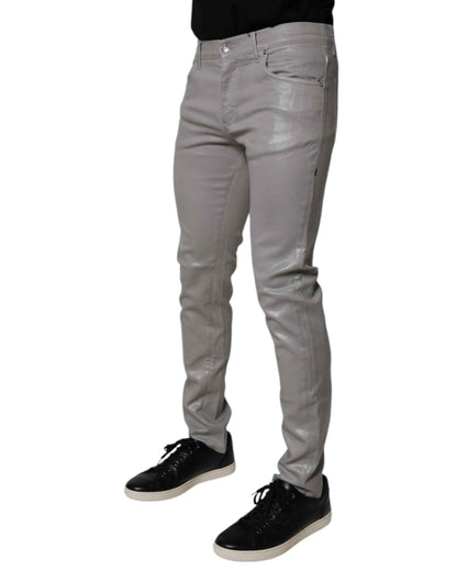 Dolce & Gabbana Gray Slim Fit Denim Cotton Metal Logo Jeans