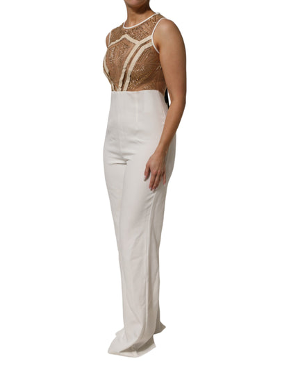 Mangano Jumpsuit Met Mesh en Kristal Mouwloze Beige Wit