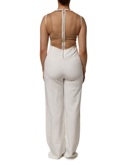 Mangano Jumpsuit Met Mesh en Kristal Mouwloze Beige Wit