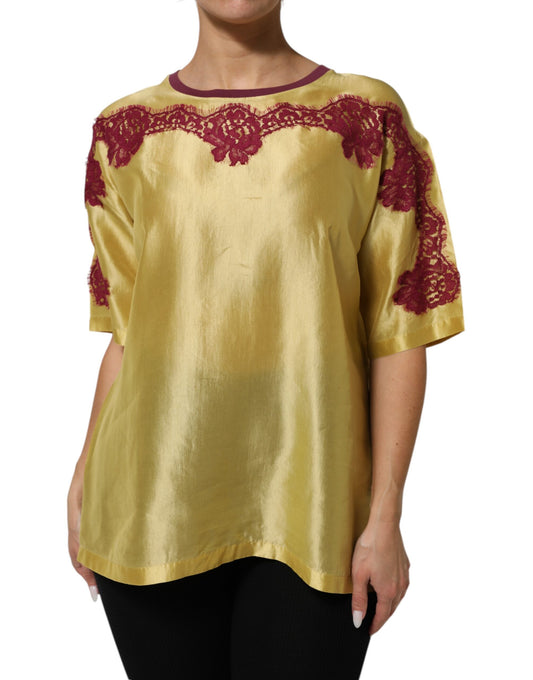 Dolce Gabbana Top Zijde Satijn - Geel Bloemenkant Luxe