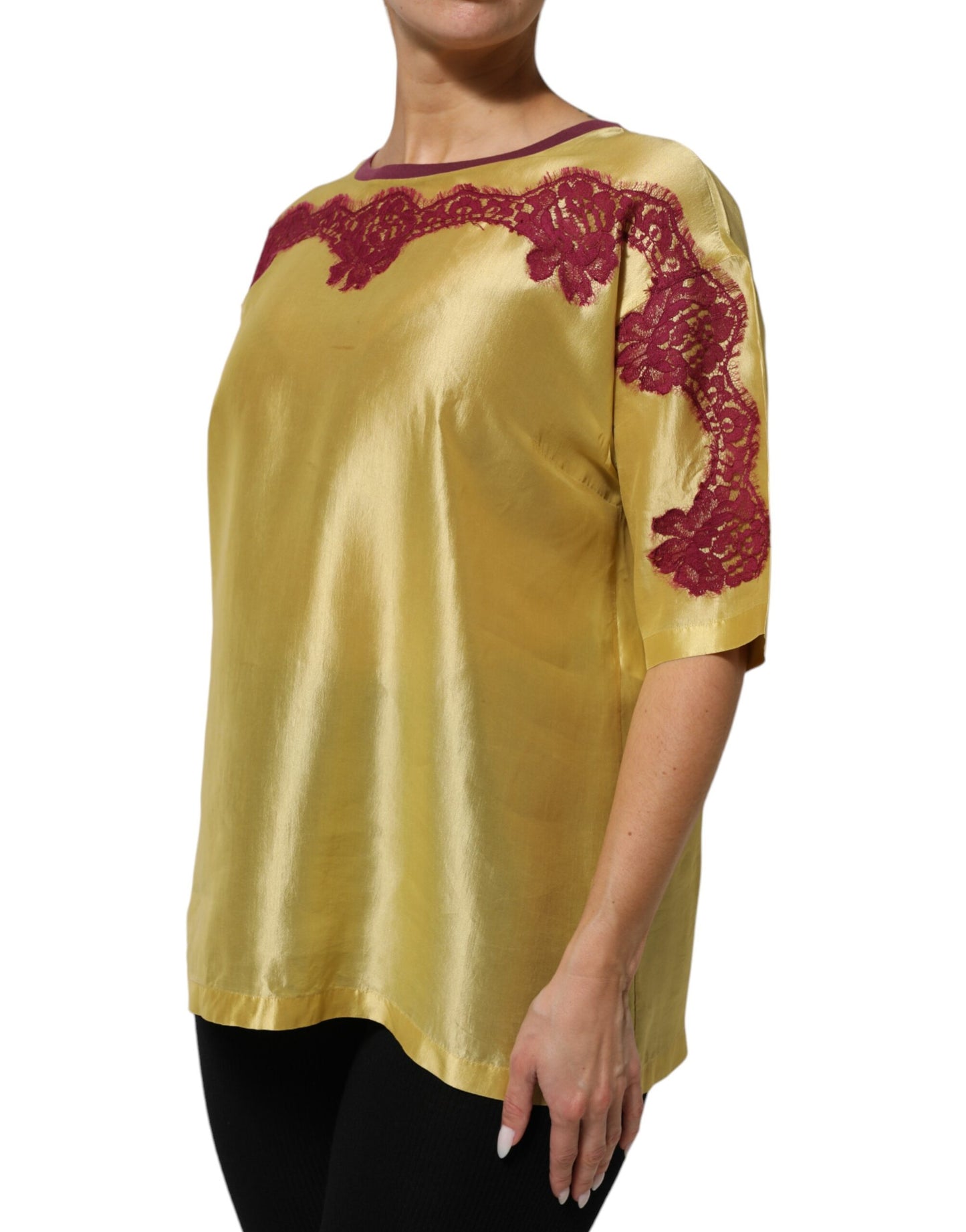 Dolce Gabbana Top Zijde Satijn - Geel Bloemenkant Luxe