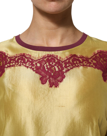 Dolce Gabbana Top Zijde Satijn - Geel Bloemenkant Luxe