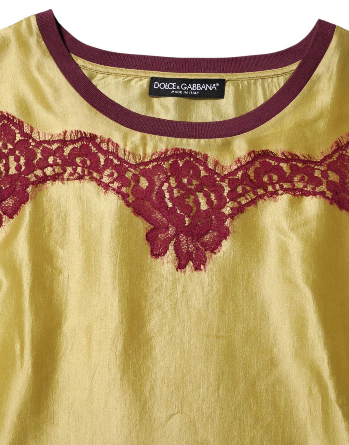 Dolce Gabbana Top Zijde Satijn - Geel Bloemenkant Luxe