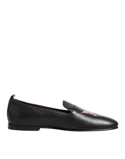 Dolce Gabbana DG Angel Elegant Leer Slip On Loafers Zwart
